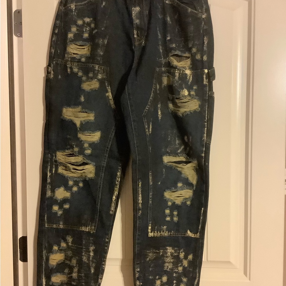 Women's Distressed Boot Cut Jeans in Dark Blue with Bleach Detail
